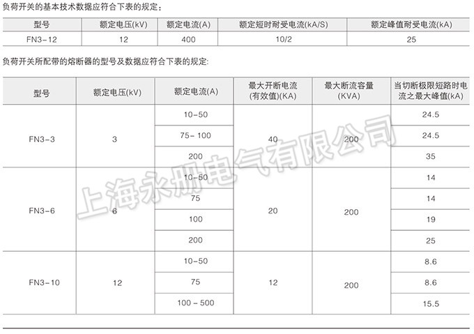 FN3-12(R/S)系列户内高压负荷开关的技术参数