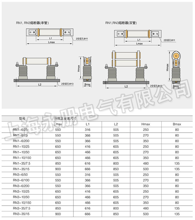 RN1系列高压限流熔断器的外形尺寸